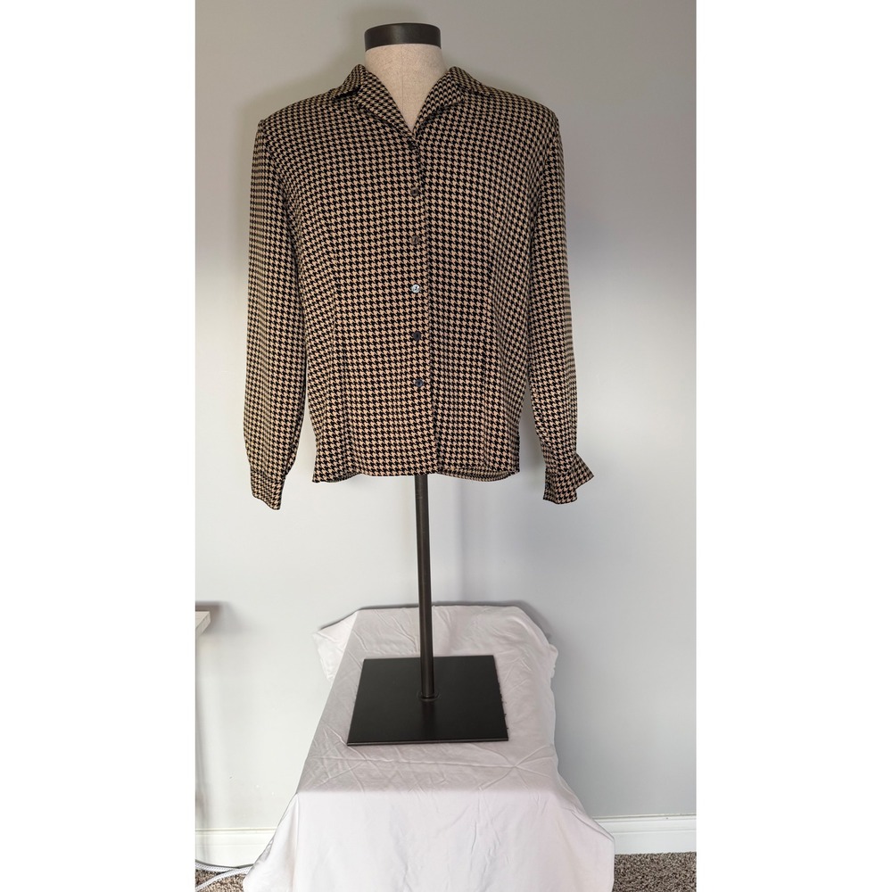 Karen Scott Houndstooth Button Up Blouse Top Women Tan Black Long Sleeve EUC